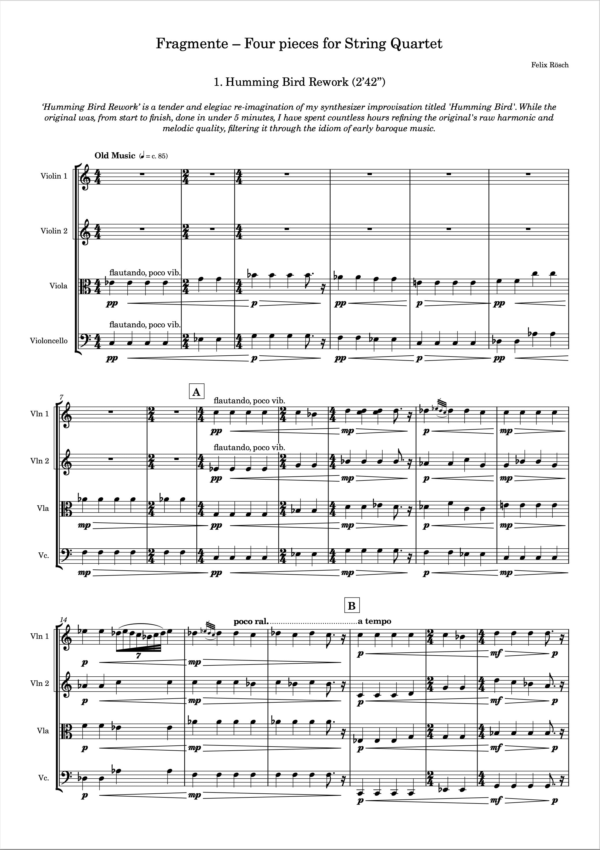 Fragmente — Four Pieces For String Quartet (PDF Score Fragmente — Four Pieces For String Quartet (PDF Score